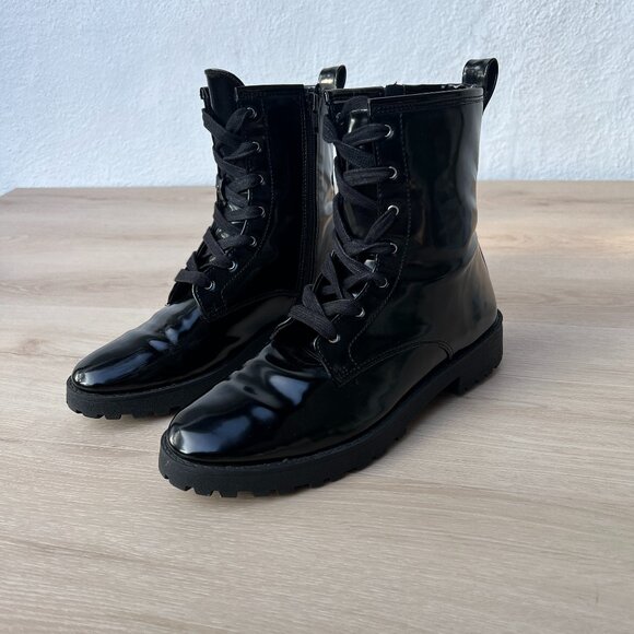 H&M Faux Patent Leather Lace Up & Zip Up Black Combat Boots Size 8 / 90s Grunge - Picture 3 of 12